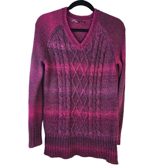 Prana Leisel Cable Knit Sweater Women's L Plum Ombre V Neck Longline Outdoorcore - Picture 1 of 10